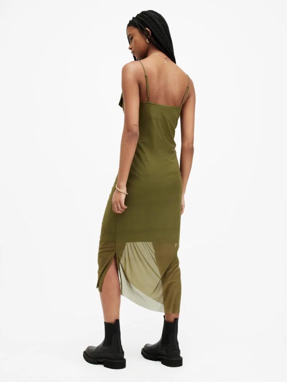 Olive Green Ruched Slip Midi Dress - Women's - Picture 3 of 4